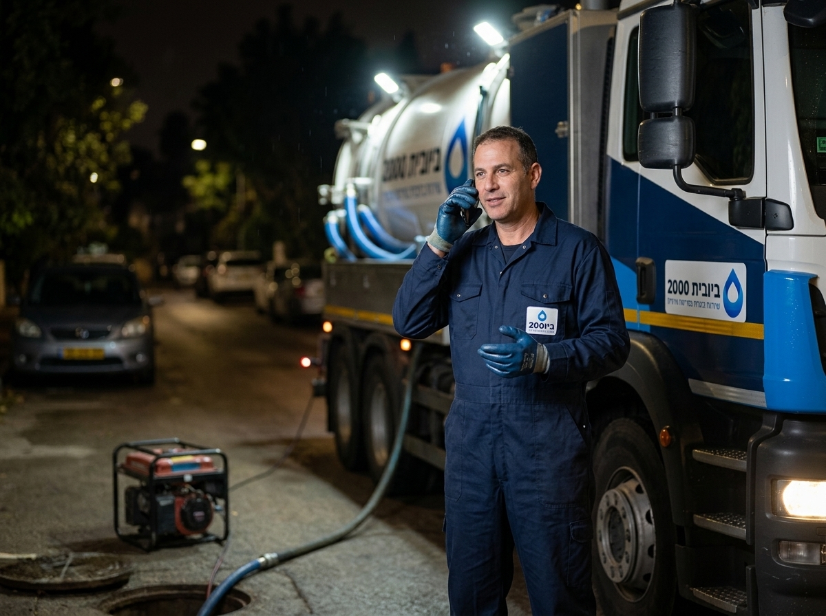 צילום ריאליסטי של טכנאי ביובית לבוש סרבל עבודה וכפפות, עומד ליד משאית ביובית מוארת באורות עבודה בלילה ברחוב שקט. הוא מדבר בטלפון, מרגיע לקוח.