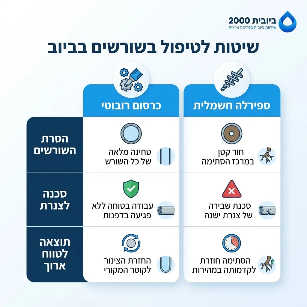 אינפוגרפיקה — שיטות לטיפול בשורשים בביוב: השוואה בין ספירלה חשמלית, כרסום רובוטי