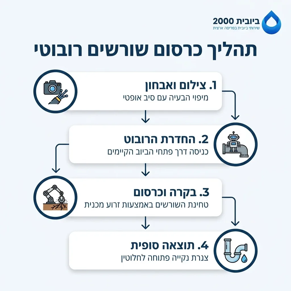 אינפוגרפיקה — תהליך כרסום שורשים רובוטי: צילום ואבחון, החדרת הרובוט, בקרה וכרסום, תוצאה סופית