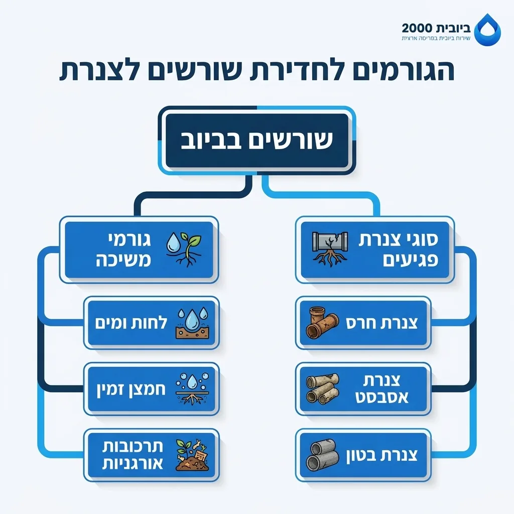 אינפוגרפיקה — הגורמים לחדירת שורשים לצנרת: שורשים בביוב