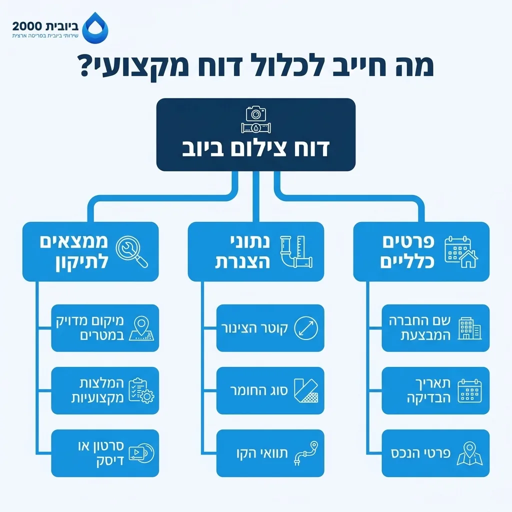 אינפוגרפיקה — מה חייב לכלול דוח מקצועי?: דוח צילום ביוב