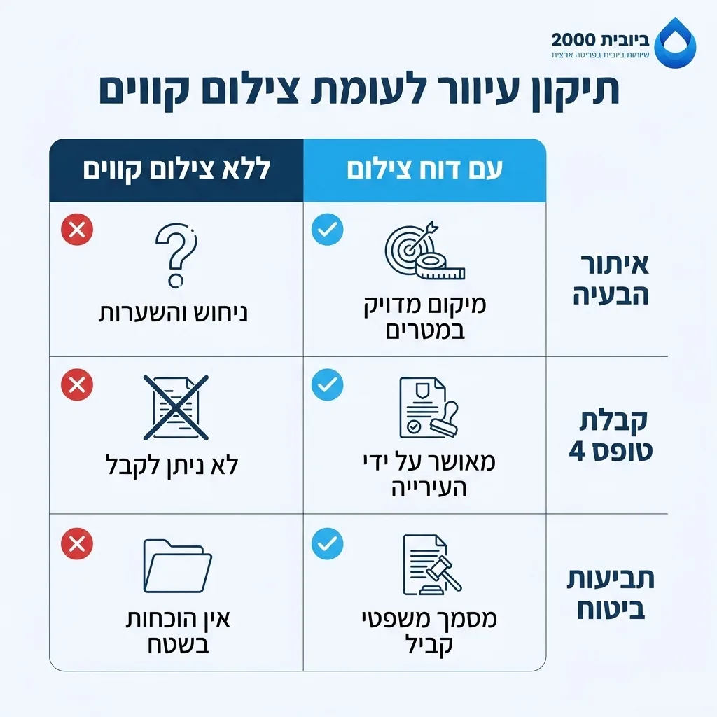 אינפוגרפיקה — תיקון עיוור לעומת צילום קווים: השוואה בין ללא צילום קווים, עם דוח צילום