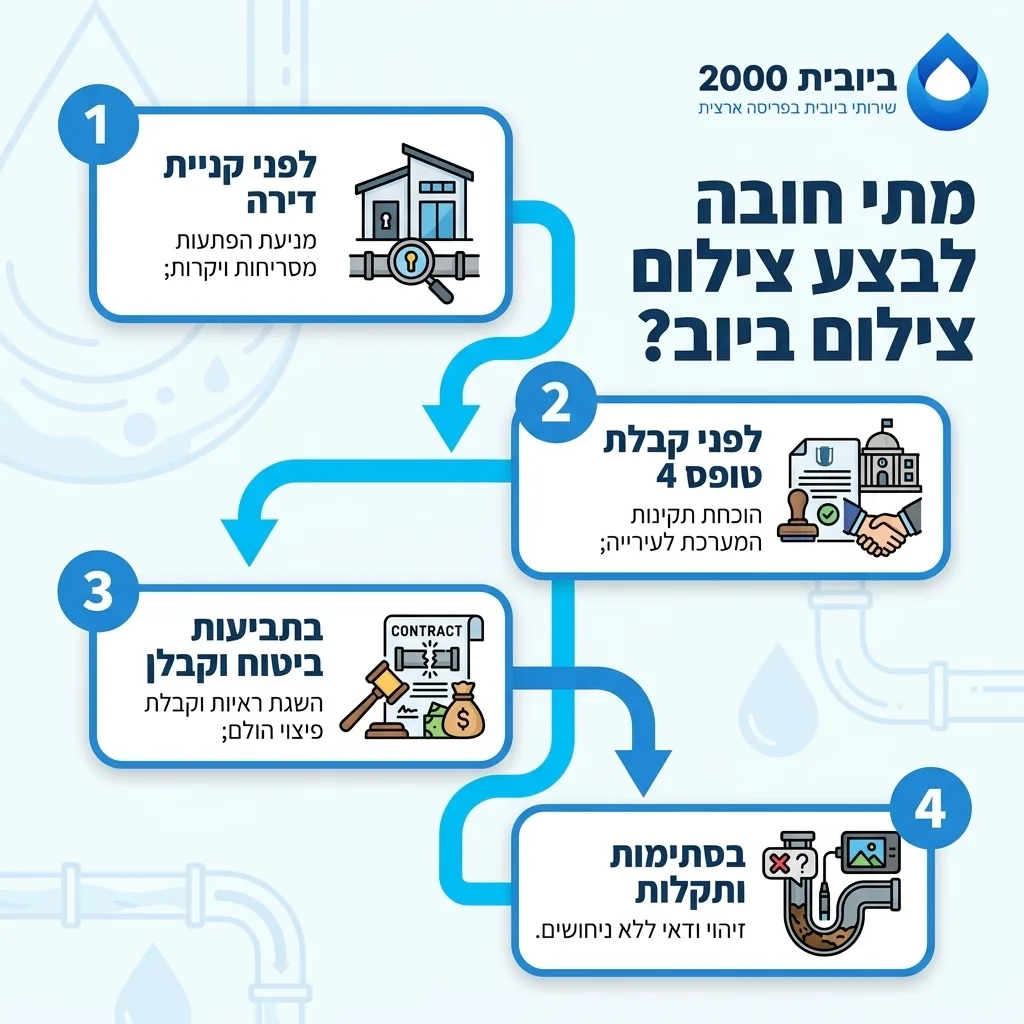 אינפוגרפיקה — מתי חובה לבצע צילום ביוב?: לפני קניית דירה, לפני קבלת טופס 4, בתביעות ביטוח וקבלן, בסתימות ותקלות