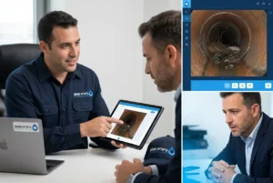 קולאז' המציג צילום מסך מתוך מצלמת ביוב עם תקלה ברורה, לצד טכנאי שמסביר ללקוח על גבי טאבלט.