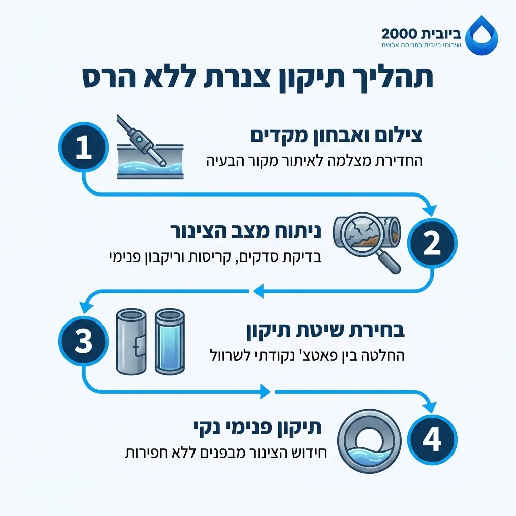 אינפוגרפיקה — תהליך תיקון צנרת ללא הרס: צילום ואבחון מקדים, ניתוח מצב הצינור, בחירת שיטת תיקון, תיקון פנימי נקי