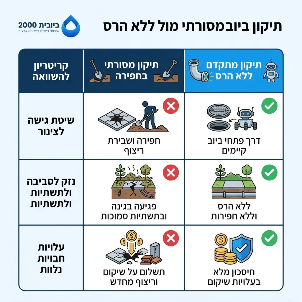 אינפוגרפיקה — תיקון ביוב מסורתי מול ללא הרס: השוואה בין תיקון מסורתי בחפירה, תיקון מתקדם ללא הרס