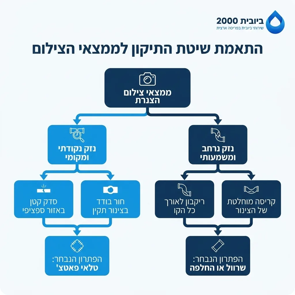 אינפוגרפיקה — התאמת שיטת התיקון לממצאי הצילום: ממצאי צילום הצנרת