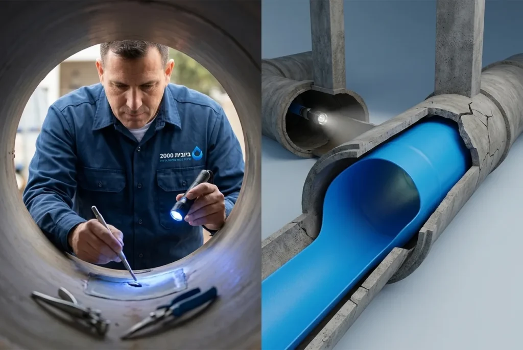 תמונה מפוצלת: בצד אחד רואים הטמעה של פאטצ' נקודתי, ובצד השני השחלה של שרוול ארוך לתוך צינור.