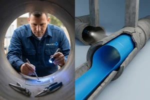 תמונה מפוצלת: בצד אחד רואים הטמעה של פאטצ' נקודתי, ובצד השני השחלה של שרוול ארוך לתוך צינור.