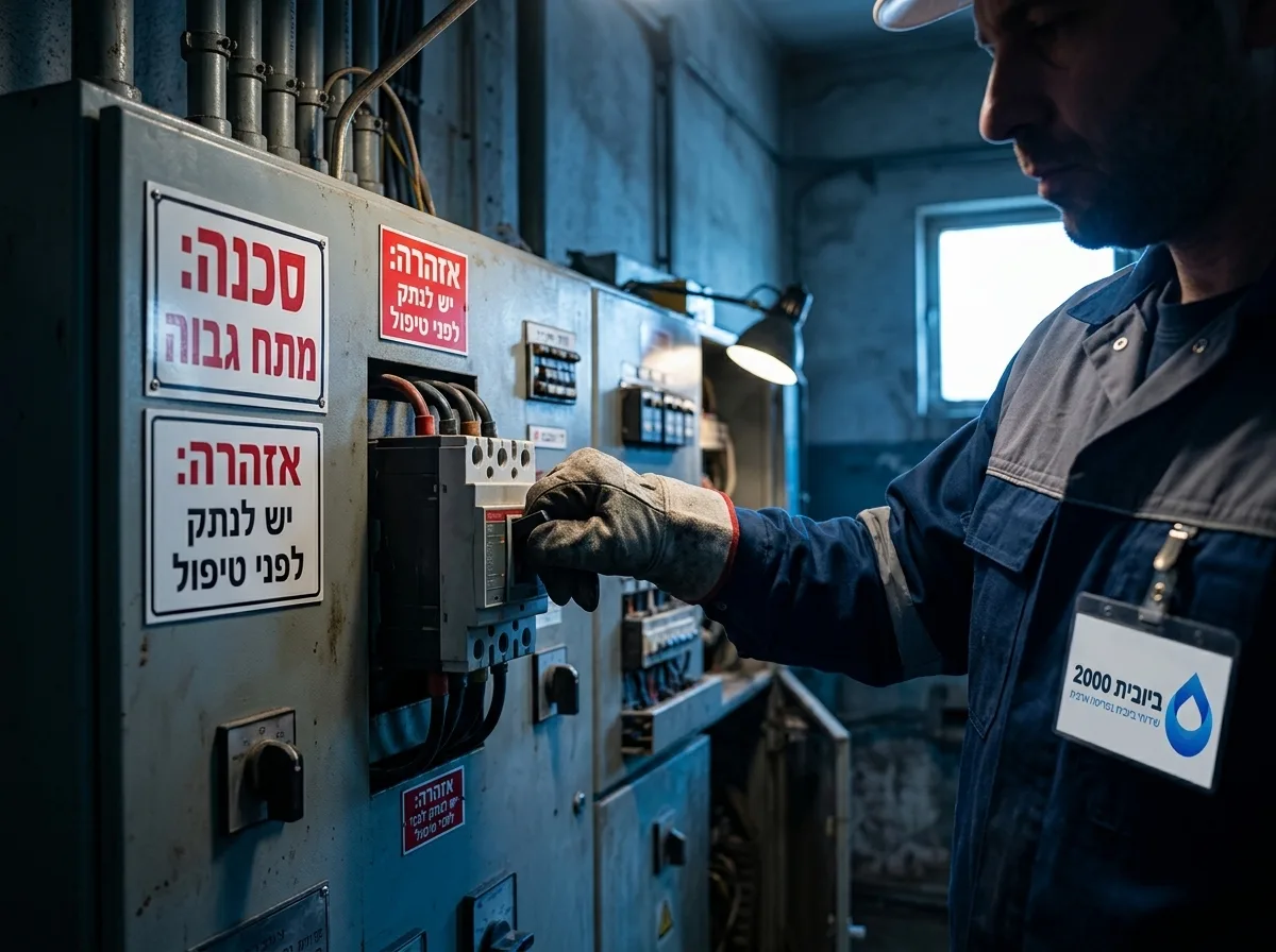 צילום מציאותי פוטו-ריאליסטי של ארון חשמל תעשייתי גדול בעסק, עם שלטי אזהרה בולטים, כאשר אדם עם כפפות עבודה עבות מוריד את המתג הראשי בסביבה חשוכה חלקית, תאורה דרמטית טבעית