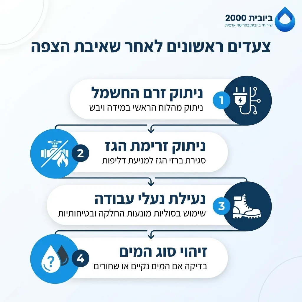אינפוגרפיקה — צעדים ראשונים לאחר שאיבת הצפה: ניתוק זרם החשמל, ניתוק זרימת הגז, נעילת נעלי עבודה, זיהוי סוג המים