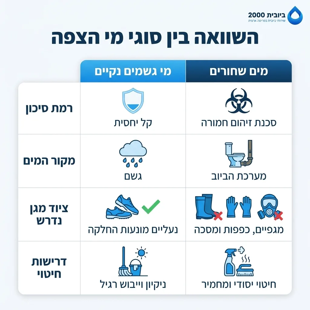 אינפוגרפיקה — השוואה בין סוגי מי הצפה: השוואה בין מי גשמים נקיים, מים שחורים