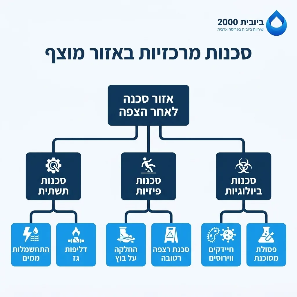אינפוגרפיקה — סכנות מרכזיות באזור מוצף: אזור סכנה לאחר הצפה