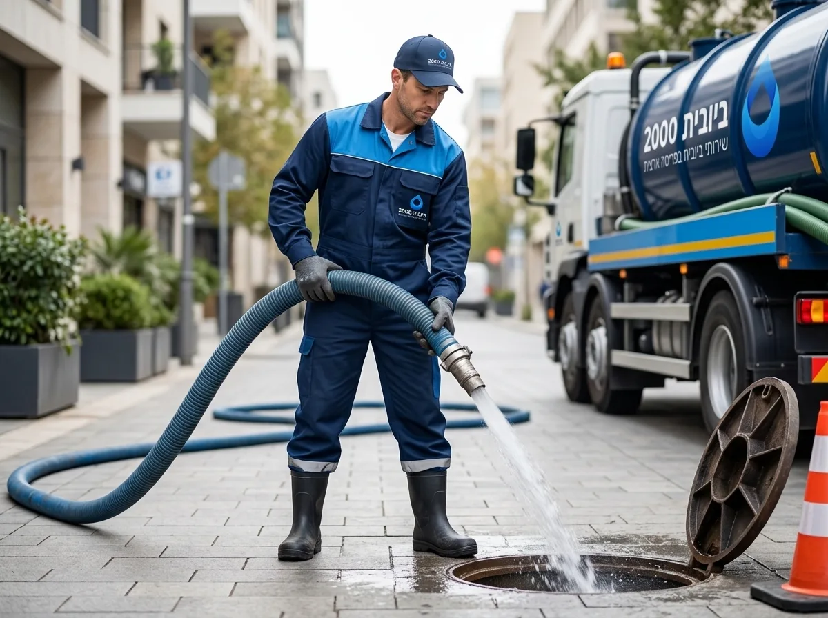 צילום איכותי של בעל מקצוע לובש סרבל עבודה תקין, אוחז בצינור שאיבה עבה של ביובית, מזרים מים בלחץ גבוה לתוך פתח ביוב פתוח ברחוב מרוצף, תאורת יום נעימה.