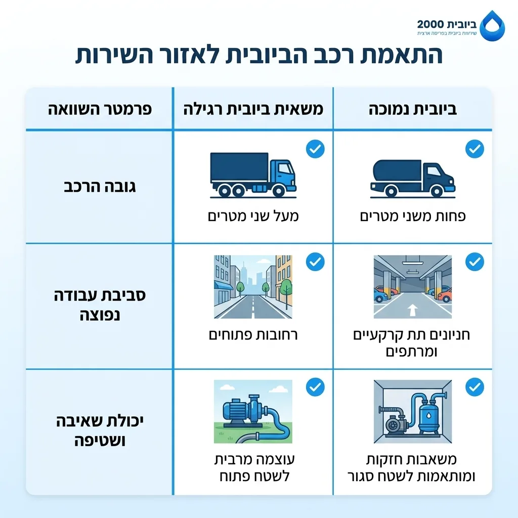 אינפוגרפיקה — התאמת רכב הביובית לאזור השירות: השוואה בין משאית ביובית רגילה, ביובית נמוכה