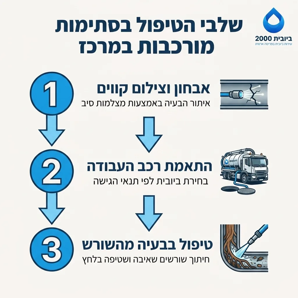 אינפוגרפיקה — שלבי הטיפול בסתימות מורכבות במרכז: אבחון וצילום קווים, התאמת רכב העבודה, טיפול בבעיה מהשורש