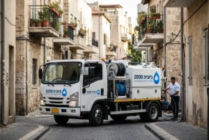 ביובית של החברה מתמרנת במיומנות ברחוב תל אביבי צר, עם לוגו החברה בולט.