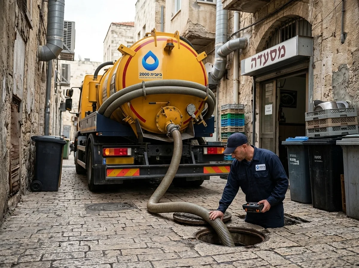 צילום מציאותי של משאית ביובית צהובה שואבת בור ביוב בסמטה צרה ליד מסעדה, צינור עבה מוכנס לתוך הפיר, טכנאי משגיח מקרוב