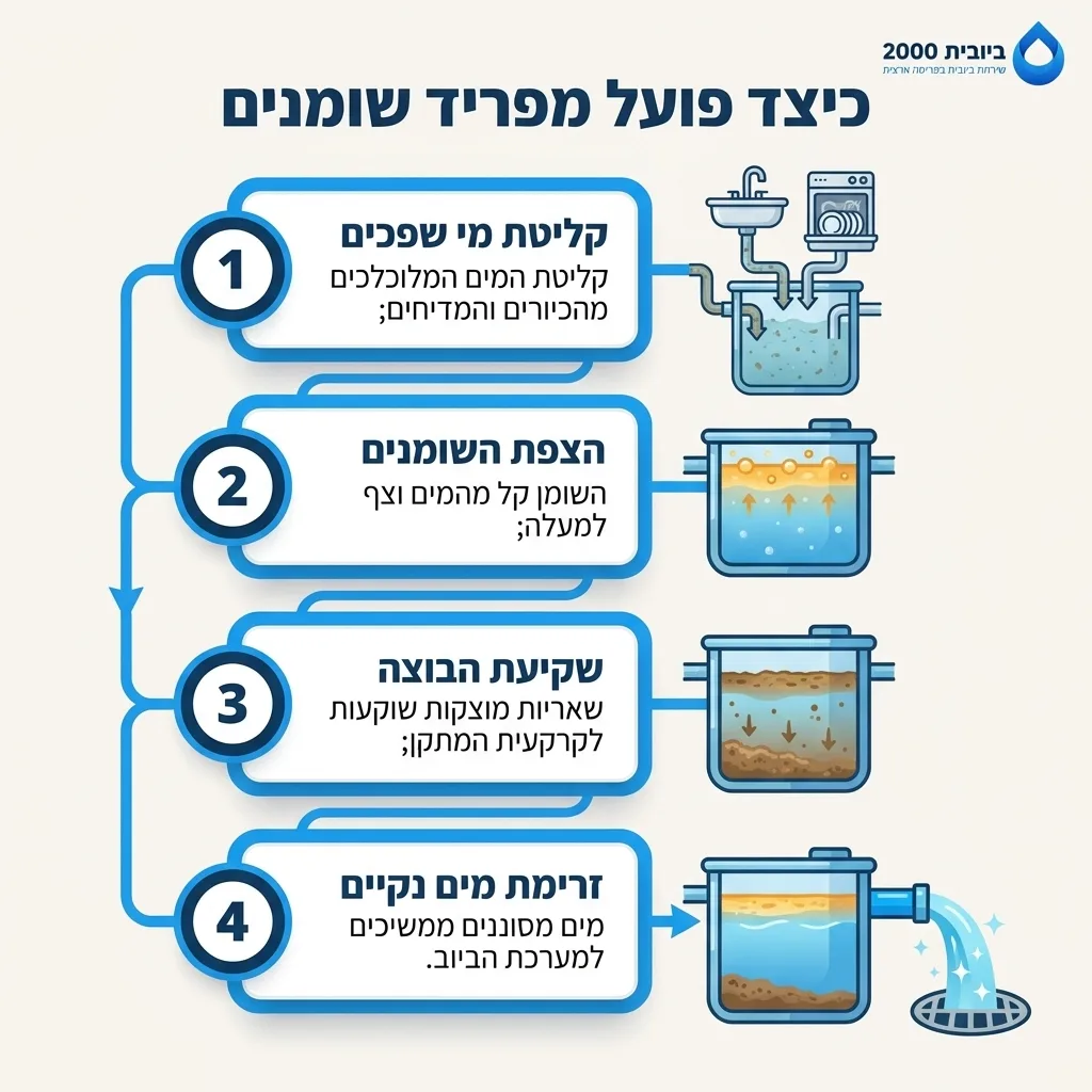 אינפוגרפיקה — כיצד פועל מפריד שומנים: קליטת מי שפכים, הצפת השומנים, שקיעת הבוצה, זרימת מים נקיים