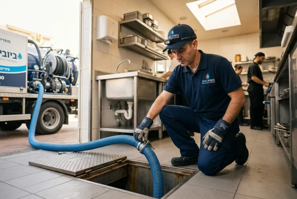 תמונה נקייה ומקצועית של טכנאי במדי עבודה עם לוגו, מבצע שאיבה מבור שומן של מסעדה באופן מסודר.