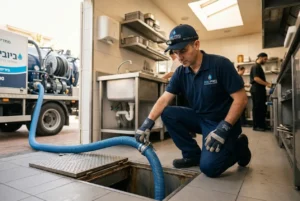 תמונה נקייה ומקצועית של טכנאי במדי עבודה עם לוגו, מבצע שאיבה מבור שומן של מסעדה באופן מסודר.
