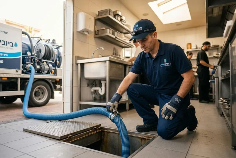 תמונה נקייה ומקצועית של טכנאי במדי עבודה עם לוגו, מבצע שאיבה מבור שומן של מסעדה באופן מסודר.