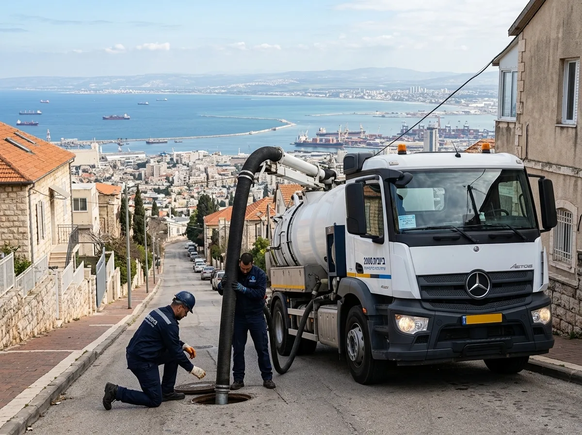 צילום מקצועי פוטו-ריאליסטי של צוות ביובית שואב מים משוחת ביוב ברחוב משופע ותלול בחיפה, עם נוף של מפרץ חיפה ברקע, תאורת יום טבעית ופוקוס חד