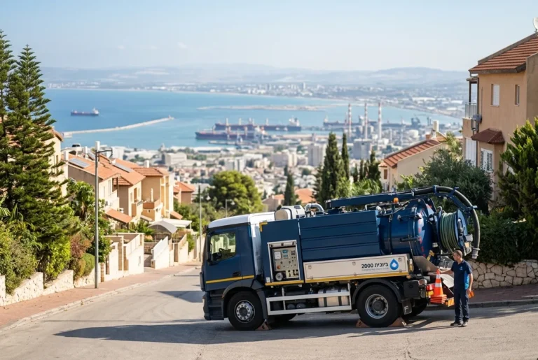 ביובית של החברה חונה בבטחה ברחוב משופע בחיפה, עם נוף המפרץ ברקע.