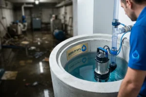 תמונה של משאבה טבולה נקייה ומתוחזקת בתוך בור איסוף מסודר, בניגוד לתמונה מטושטשת ברקע של מרתף מוצף.