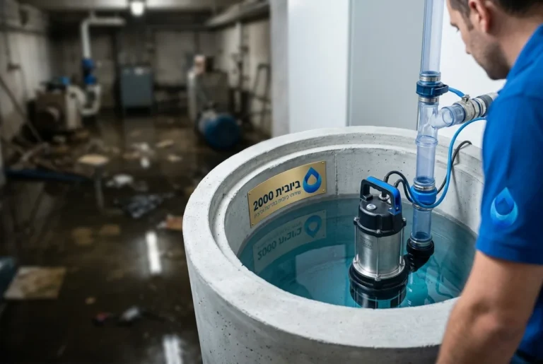 תמונה של משאבה טבולה נקייה ומתוחזקת בתוך בור איסוף מסודר, בניגוד לתמונה מטושטשת ברקע של מרתף מוצף.