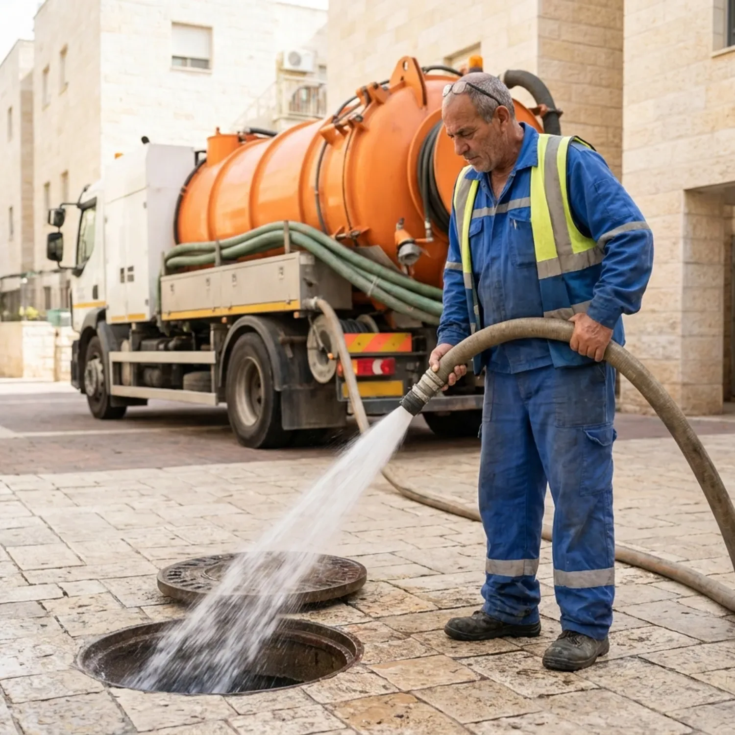 צילום מציאותי של מפעיל ביובית ישראלי בלבוש עבודה יומיומי עומד ליד שוחת ביוב פתוחה בחצר בניין משותף בישראל ומפעיל צינור לחץ מים גבוה, משאית ביובית ברקע באור יום